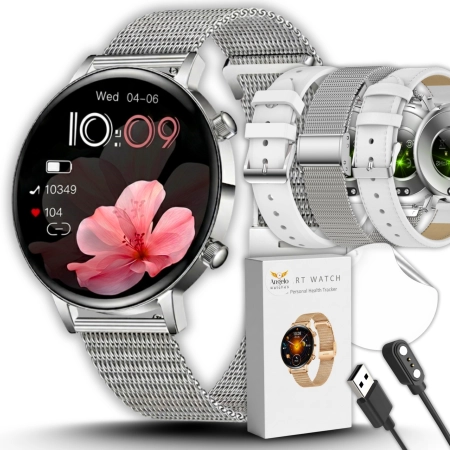 Smartwatch Damski Elegancki Zegarek AMOLED Rozmowy BT 3 Paski Srebrny IP68